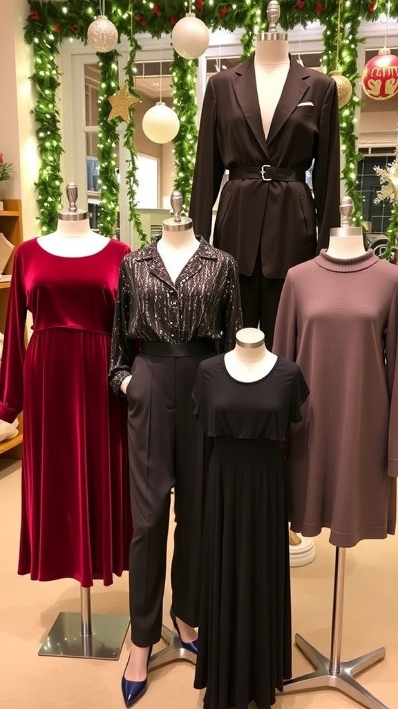 Stylish plus size Christmas party outfits displayed with festive decorations.